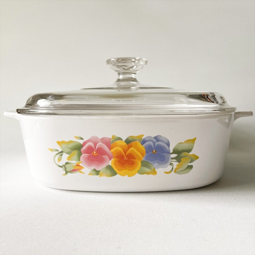 Vintage Corning Ware Summer Blush A-2-B 2L Pansy Casserole Dish w/ Pyrex Lid